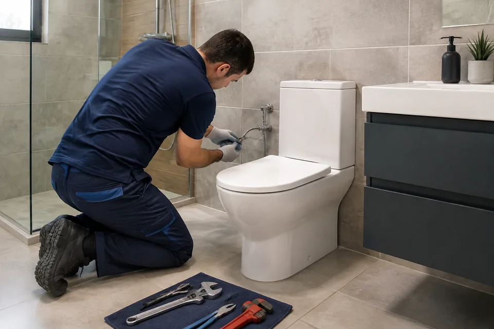 Banyoda WC tesisatı bağlantısını kontrol eden tesisat ustası