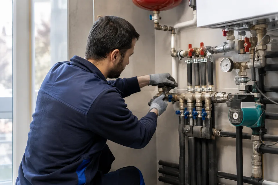 Ev ve işyeri mekanik tesisat hattını kontrol eden tesisat ustası