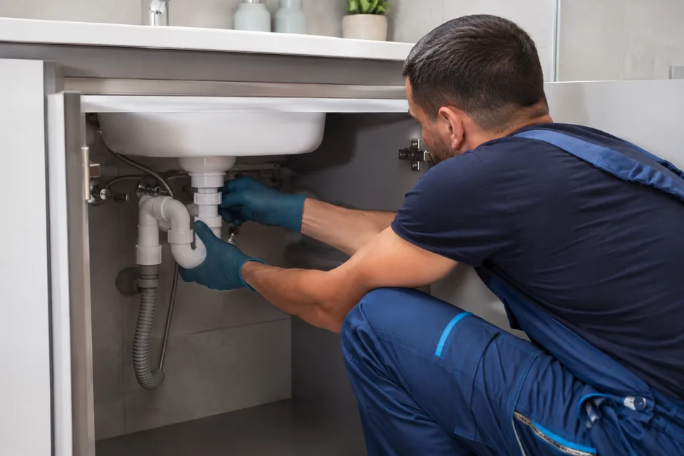 Lavabo altındaki gider sifonunu kontrol eden tesisat ustası