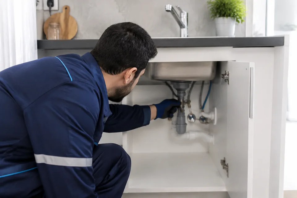 Mutfak lavabosu altında su tesisatını kontrol eden tesisat ustası